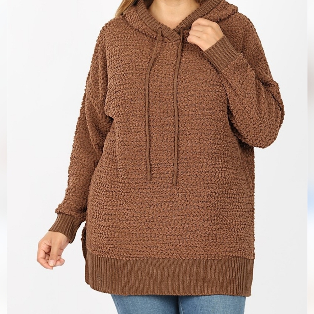 Popcorn Sweater Cozy Brown Textured Hoodie